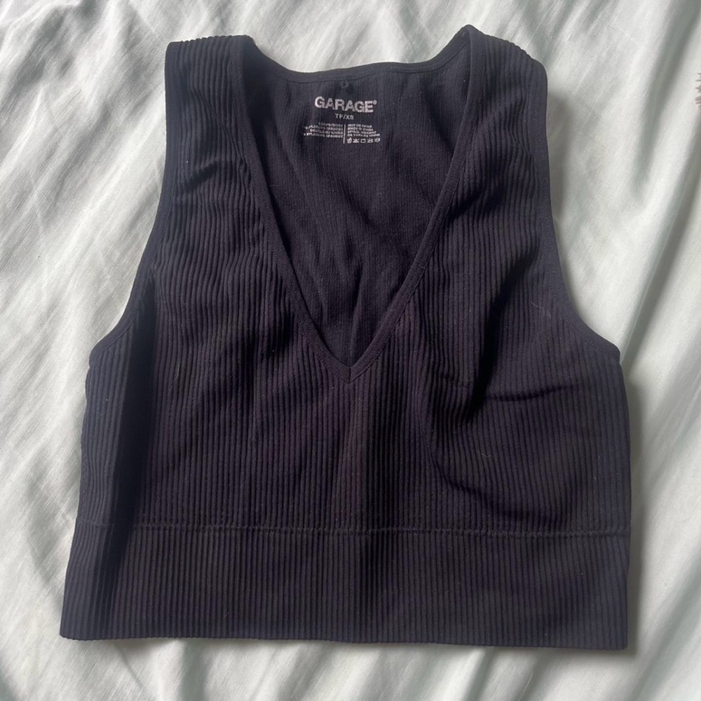 Garage Black Ribbed V-Neck Crop Top